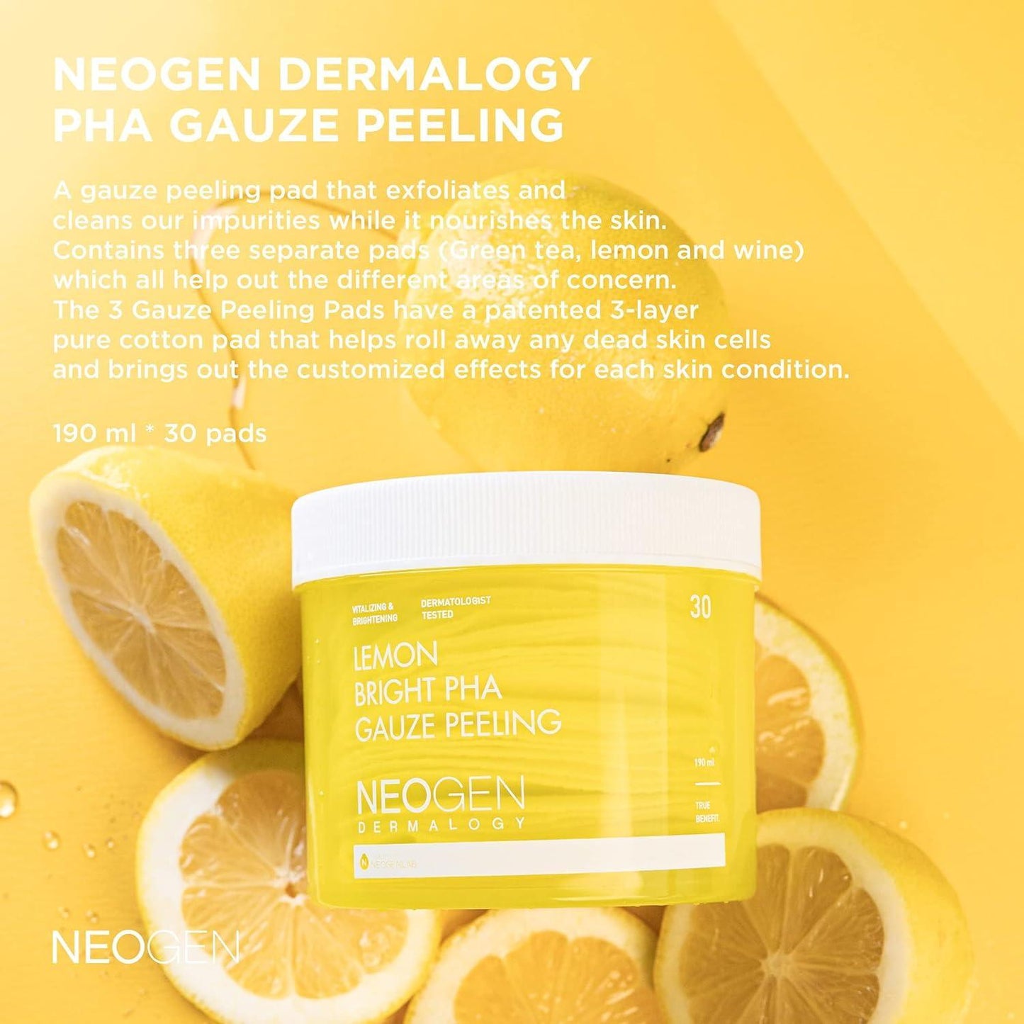 [NeoGen] DERMALOGY LEMON BRIGHT PHA GAUZE PEELING 190ML (30 PADS)